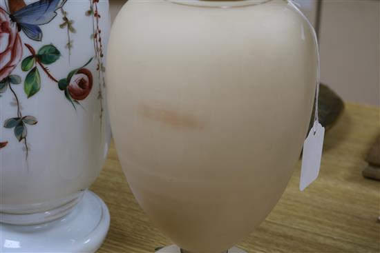 Pair of French 19th century opaline glass tall vases, decorated with rose sprays on a white ground and another pair of opaline vases